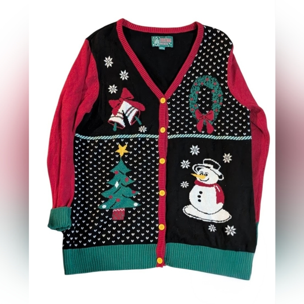 Ugly Christmas Sweater Red and Black Snowman‎ Cardigan